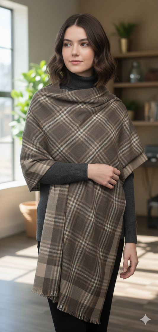 Classic Brown Woollen Check Stole for Women | Soft Winter Shawl & Scarf by Natural Fab