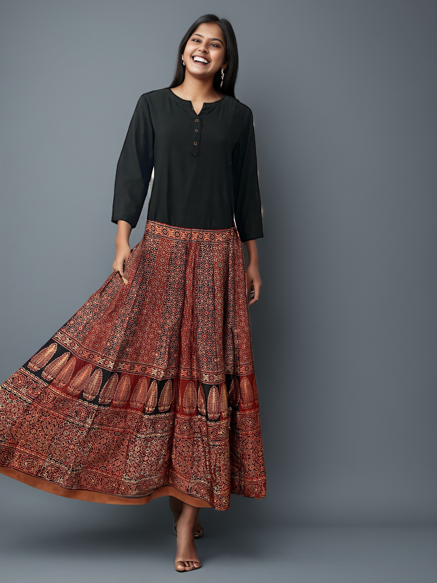 Ajrakh Modal Silk Ethnic Printed Long Skirt