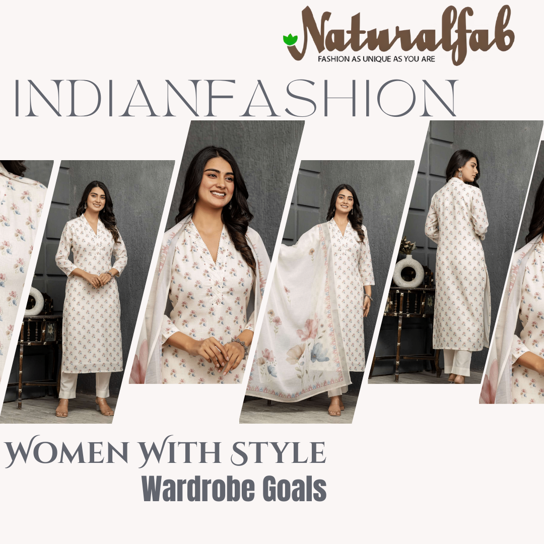 Linen Blossom Kurti Pant Dupatta Set | Natural Fab | Premium Linen Ethnic Wear for Women