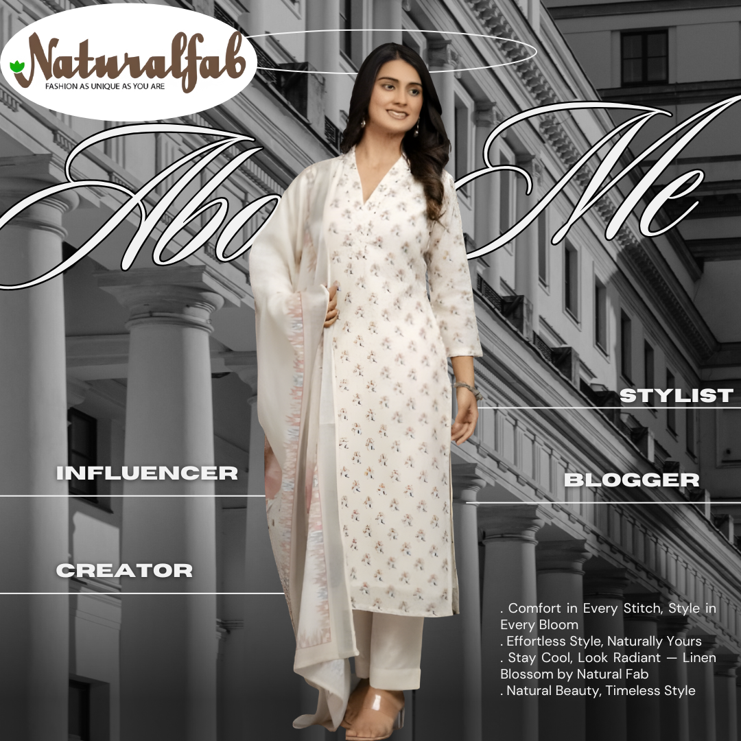 Linen Blossom Kurti Pant Dupatta Set | Natural Fab | Premium Linen Ethnic Wear for Women
