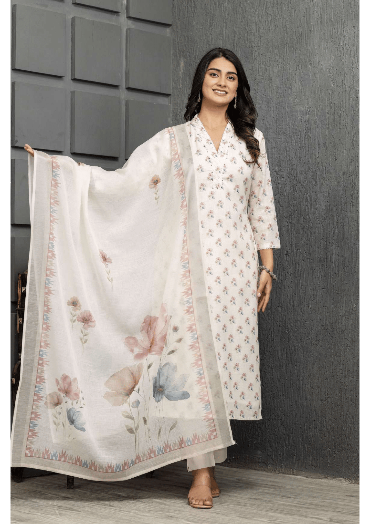 Linen Blossom Kurti Pant Dupatta Set | Natural Fab | Premium Linen Ethnic Wear for Women