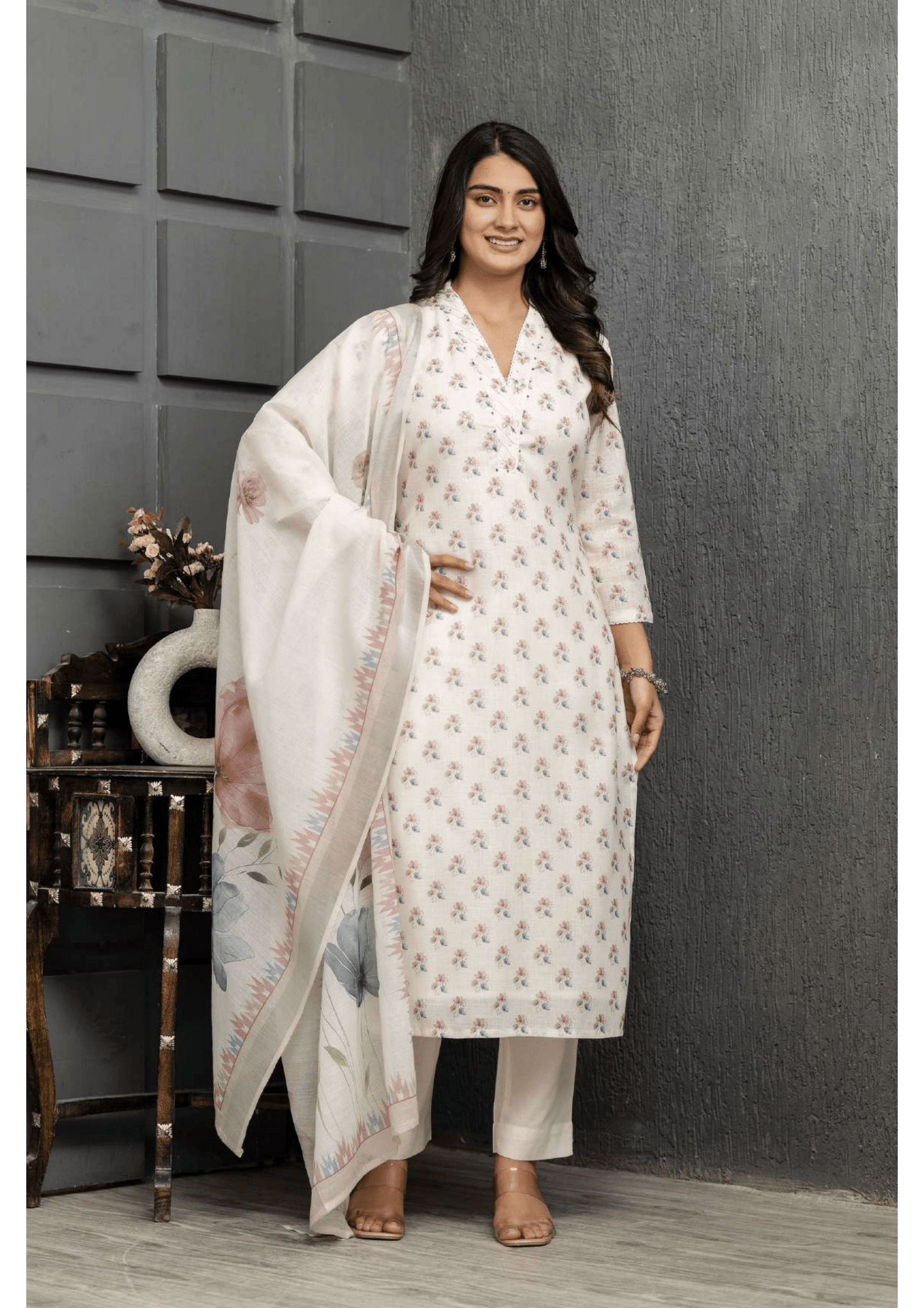 Linen Blossom Kurti Pant Dupatta Set | Natural Fab | Premium Linen Ethnic Wear for Women