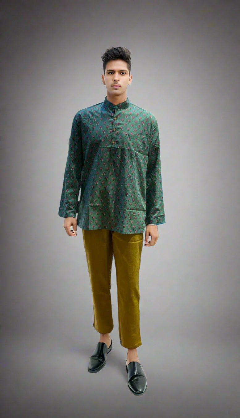 Dark Green Printed Cotton Kurta for Men