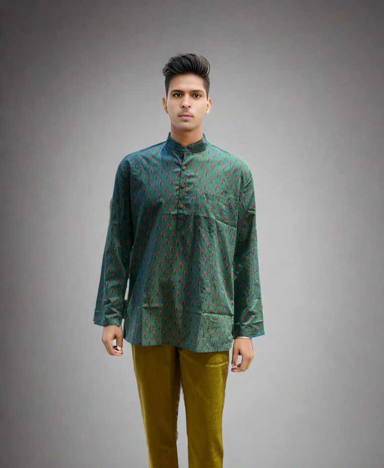 Dark Green Printed Cotton Kurta for Men