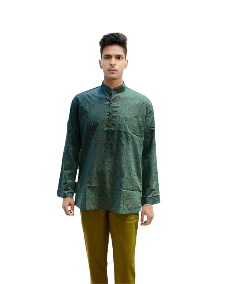 Dark Green Printed Cotton Kurta for Men
