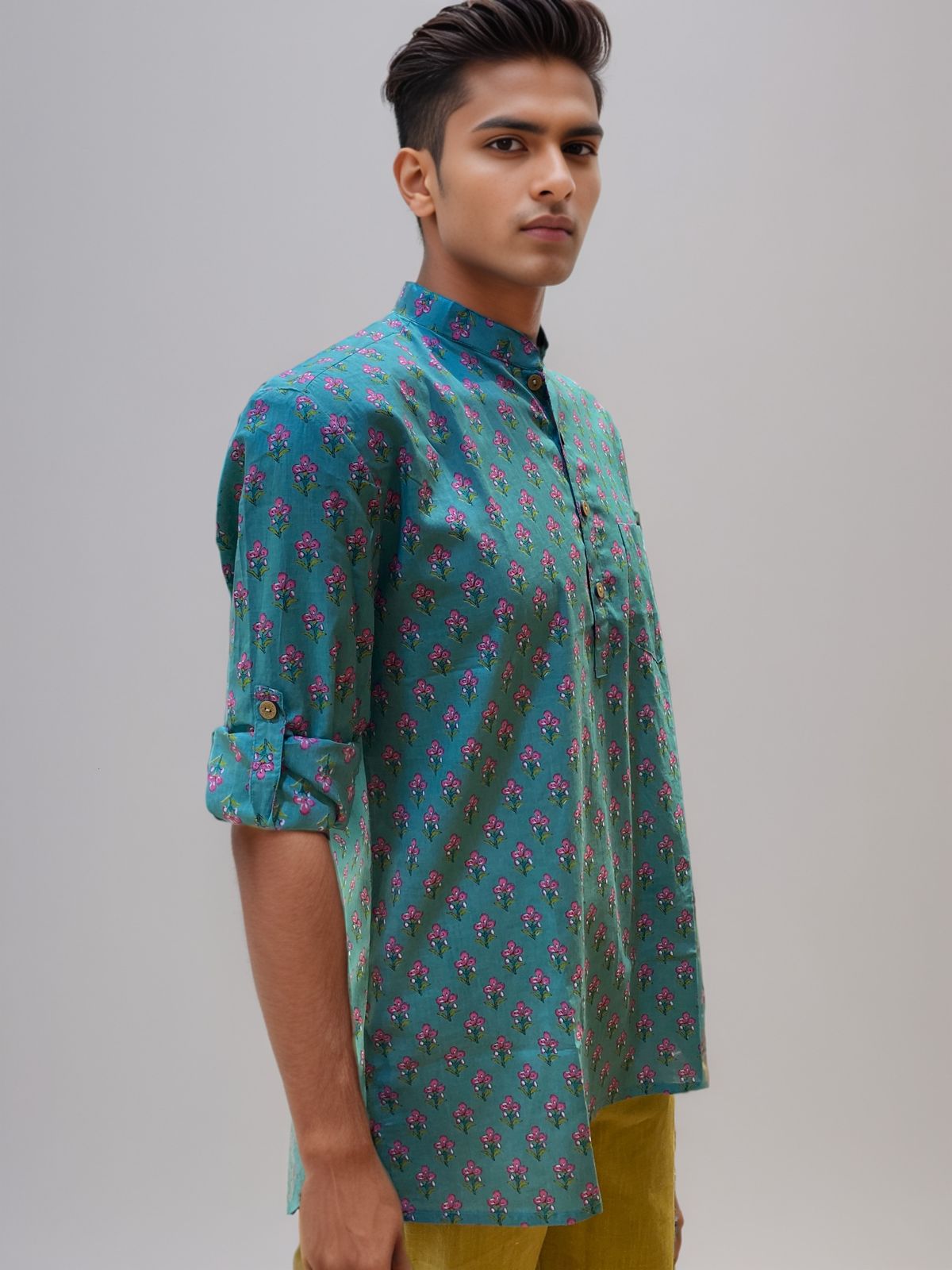 Dark Green Printed Cotton Kurta for Men