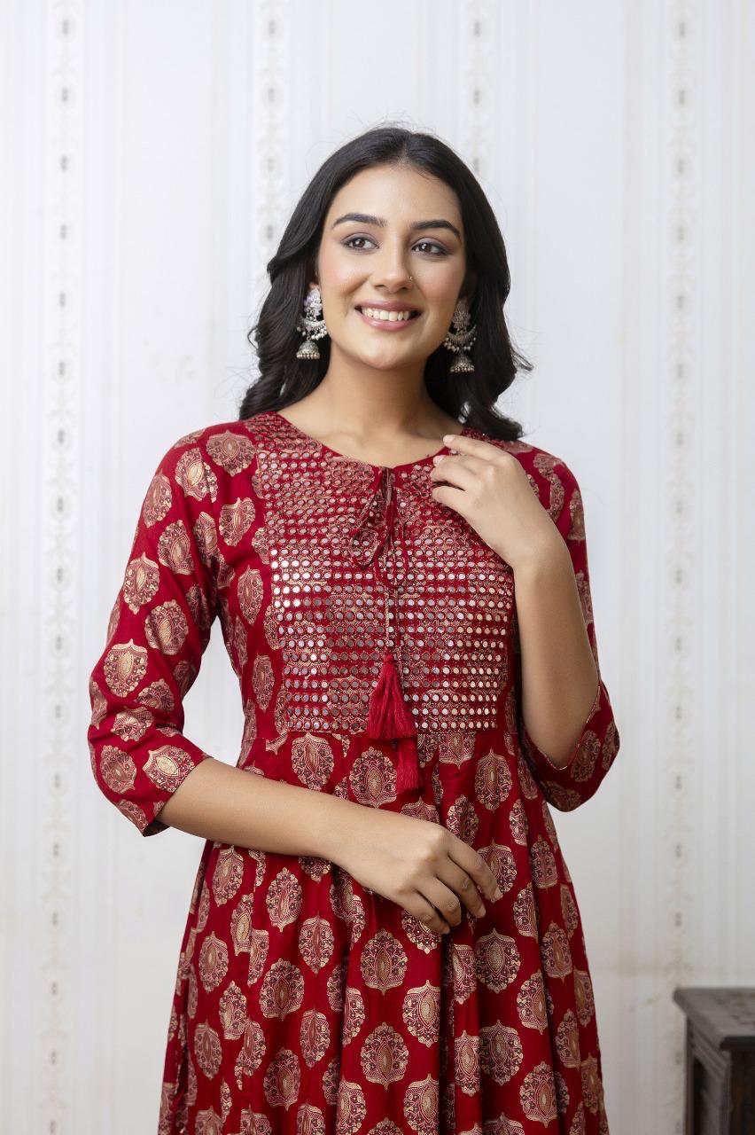 Elegant Red Anarkali dress with Gold Print
