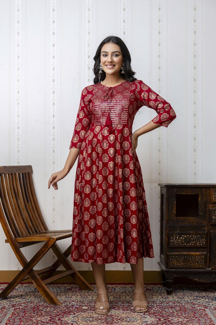 Elegant Red Anarkali dress with Gold Print