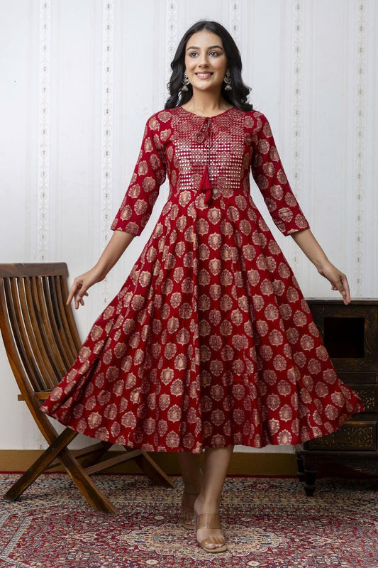 Elegant Red Anarkali dress with Gold Print