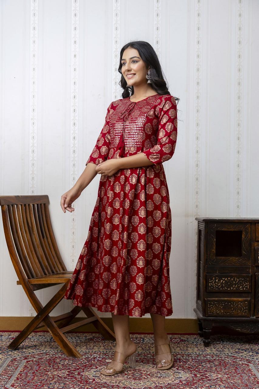 Elegant Red Anarkali dress with Gold Print