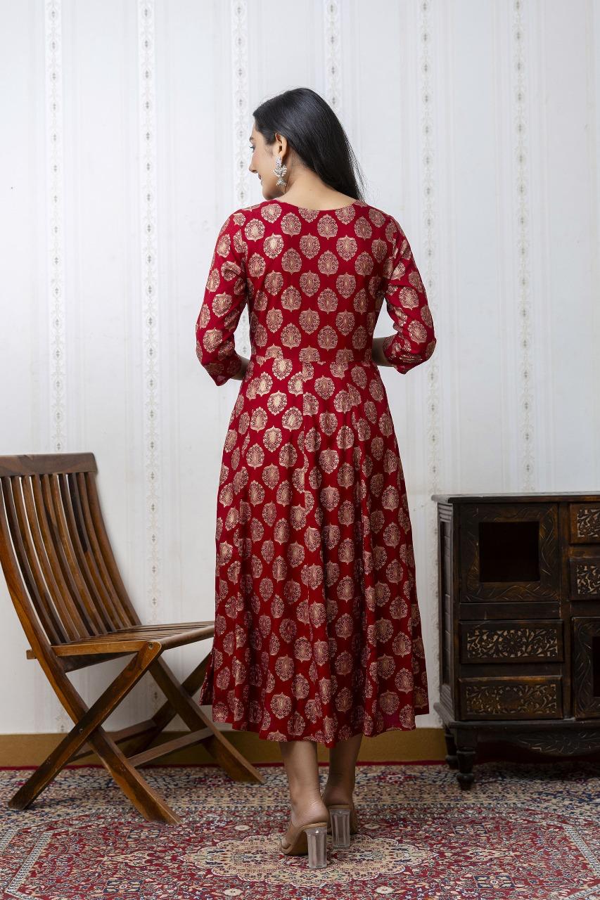 Elegant Red Anarkali dress with Gold Print