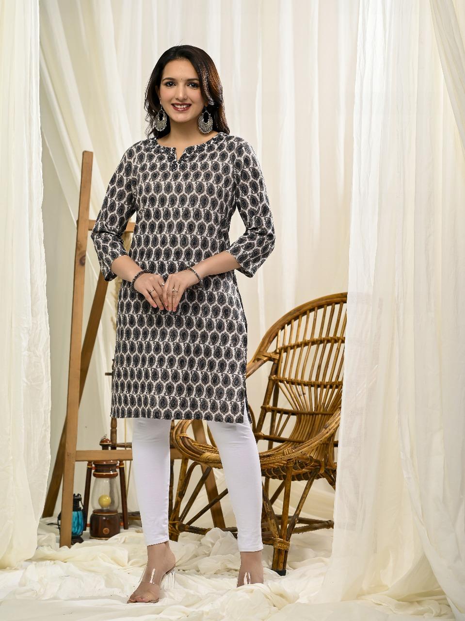 Black & White Printed Cotton Kurti