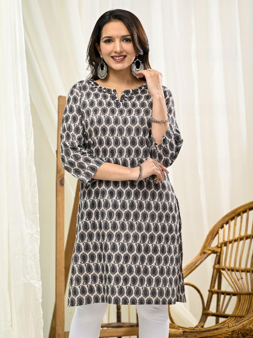 Black & White Printed Cotton Kurti