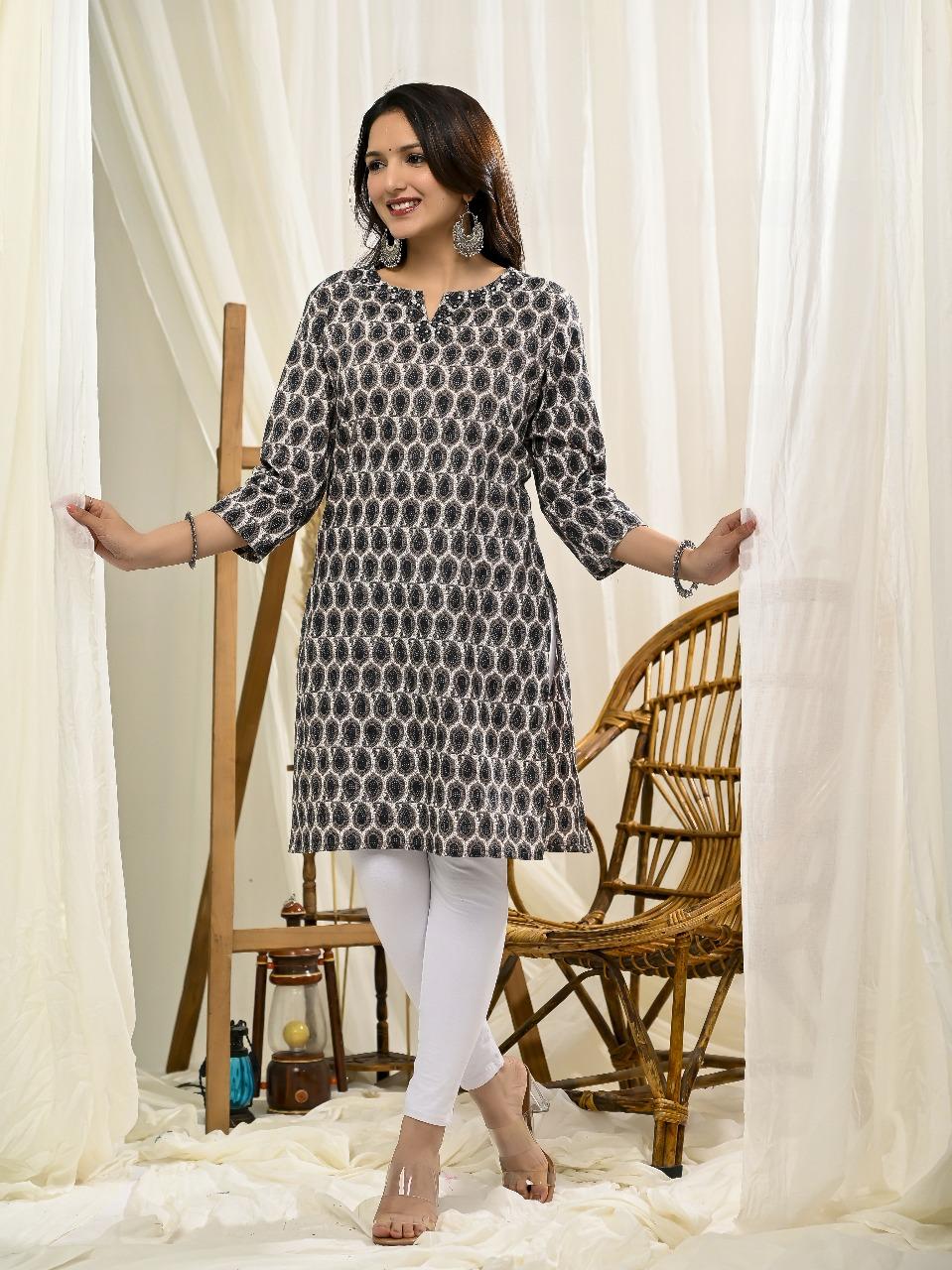 Black & White Printed Cotton Kurti