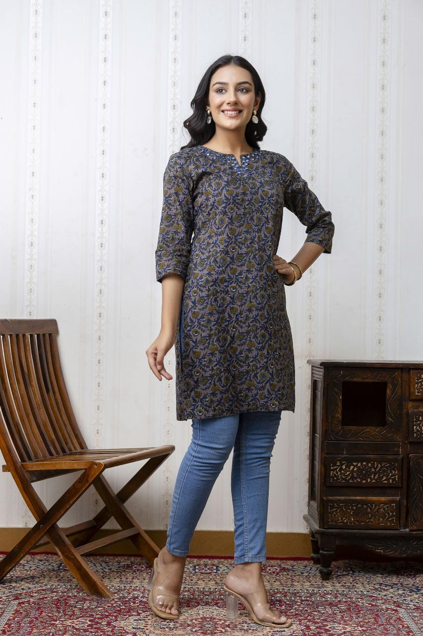 Elegant Blue & Gold Floral Printed Kurti for Women