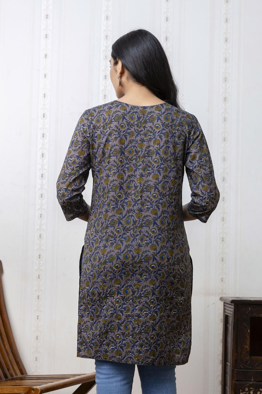 Elegant Blue & Gold Floral Printed Kurti for Women