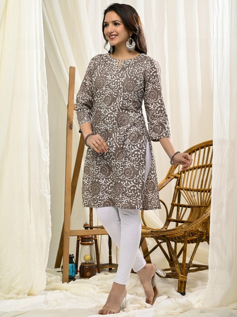 Elegant Grey & White Floral Printed Cotton Kurti for Women