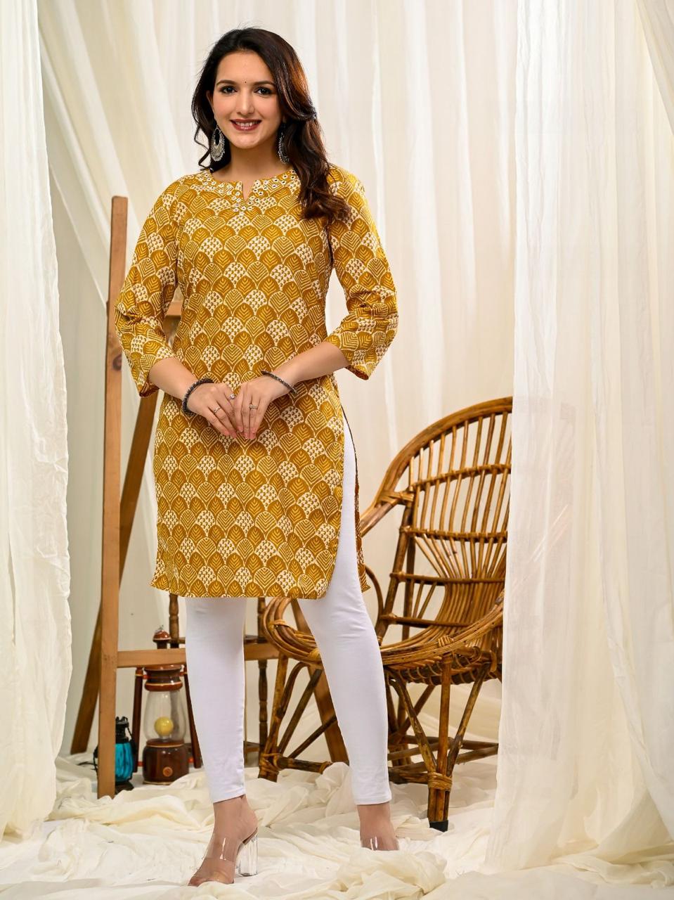 Mustard Printed Cotton Kurti for Women