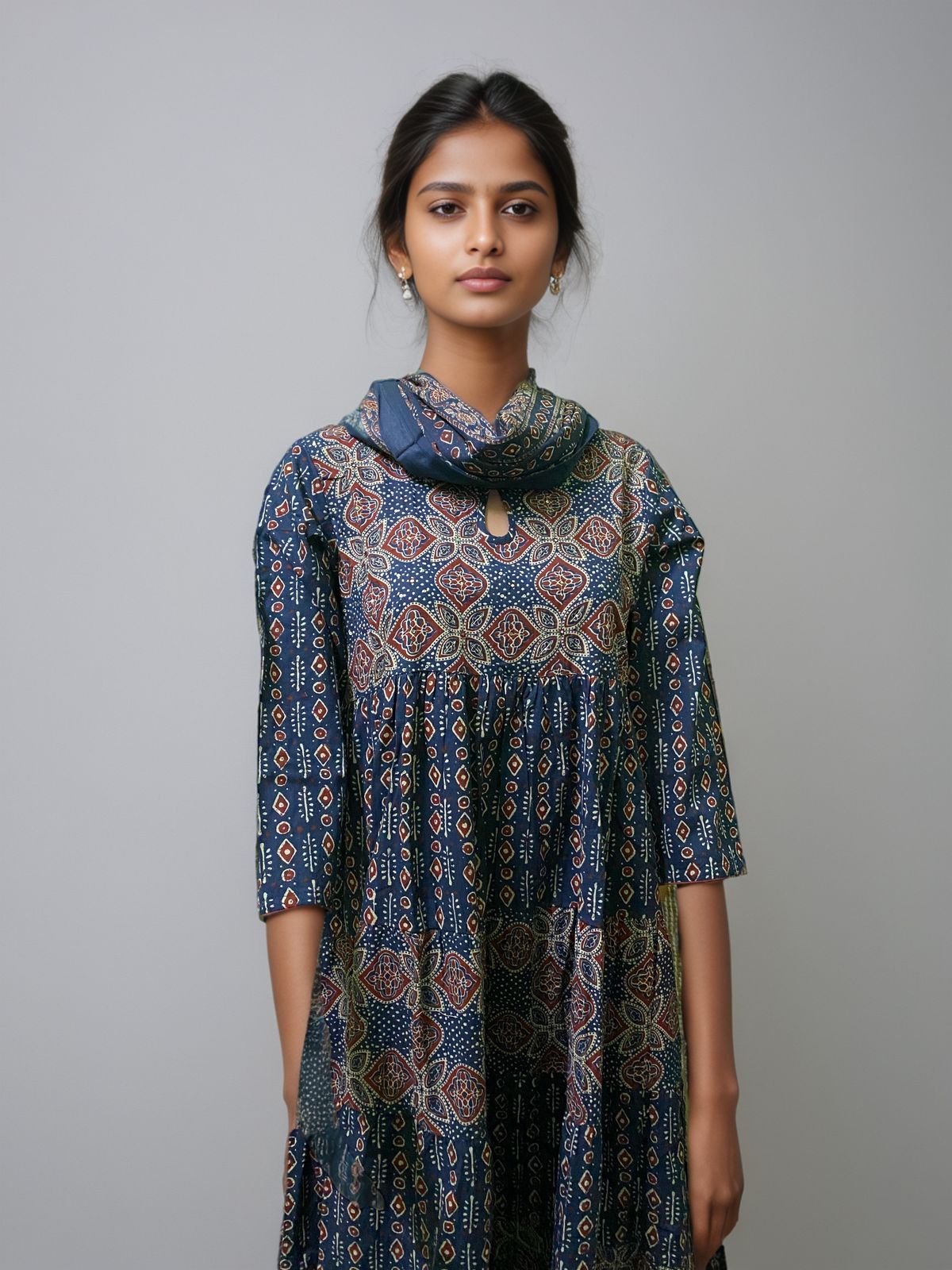 Traditional Indigo Printed Kurti Set with Dupatta