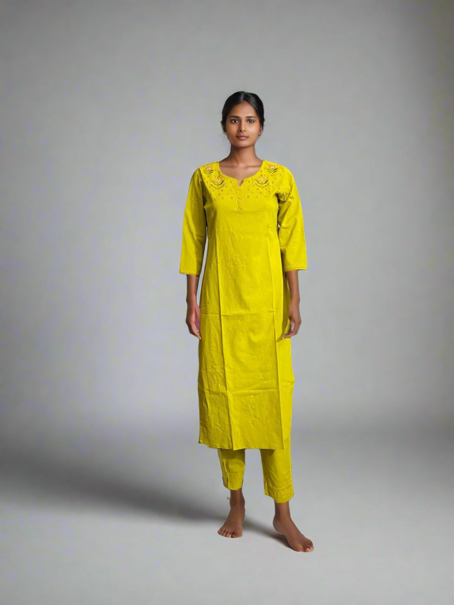 Vibrant Yellow Embroidered Kurti Set