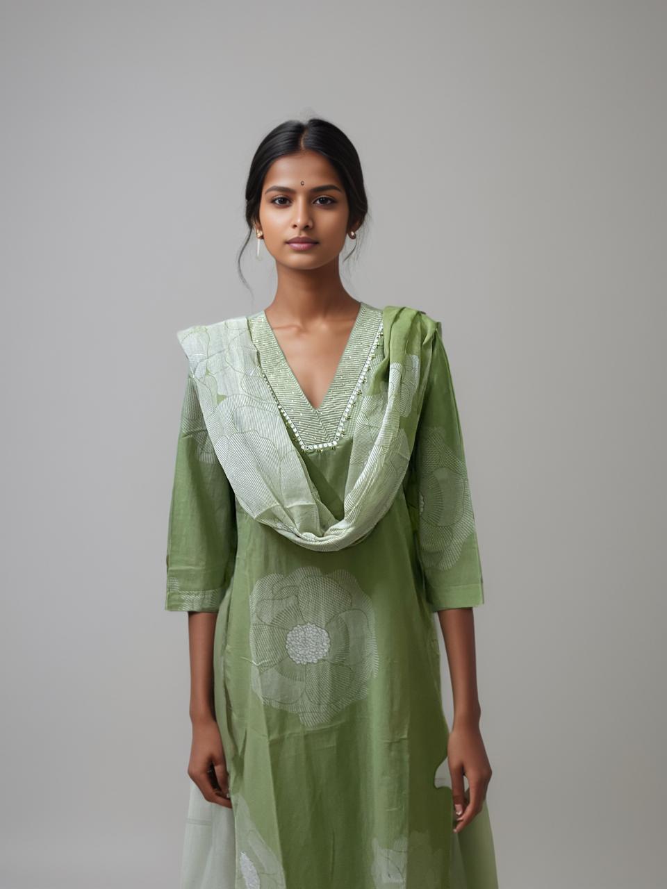 Graceful Pastel Green Floral Print Kurti Set