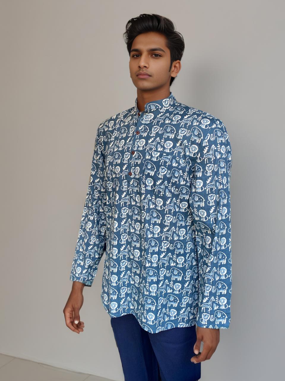 Handblock Printed Indigo Cotton Kurta – Elephant & Tribal Motif Design