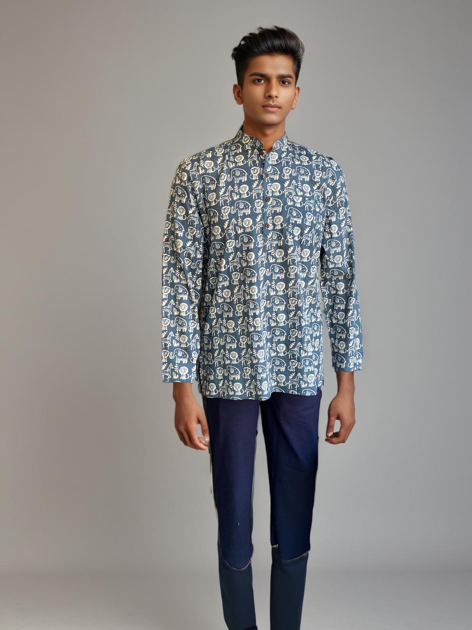 Handblock Printed Indigo Cotton Kurta – Elephant & Tribal Motif Design