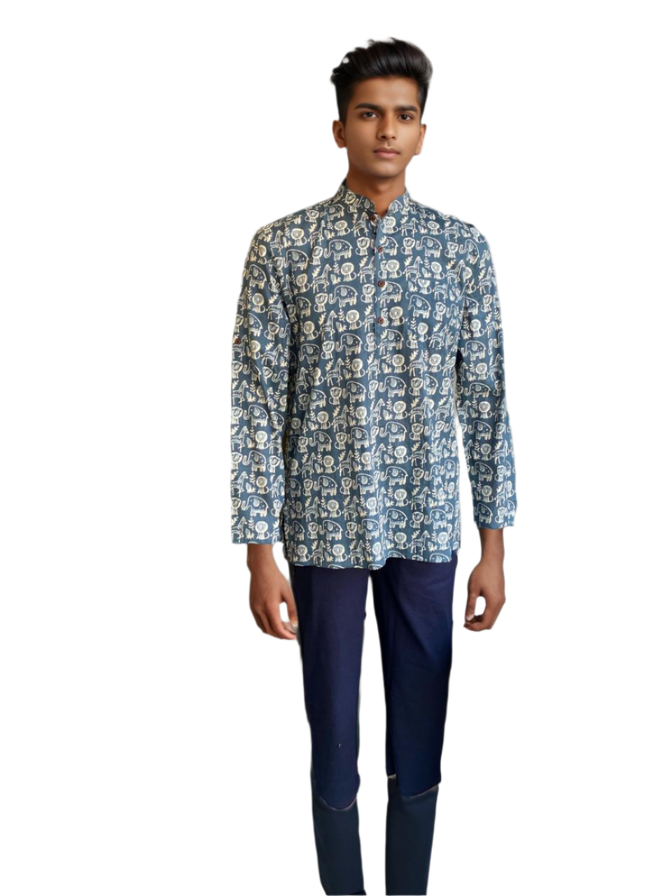 Handblock Printed Indigo Cotton Kurta – Elephant & Tribal Motif Design