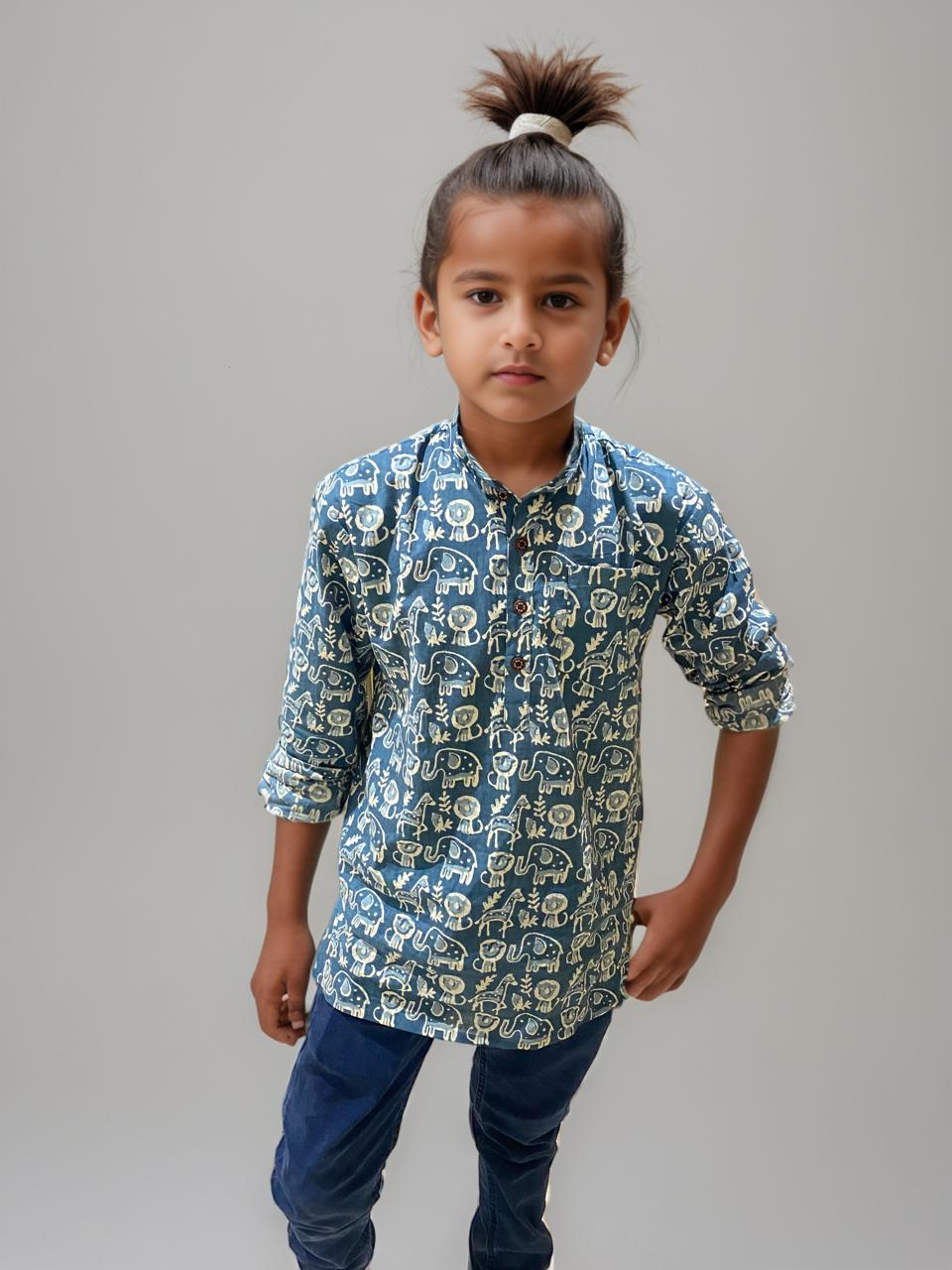 Boys Cotton Printed Kurta - Blue Animal Print | Festive & Casual Wear
