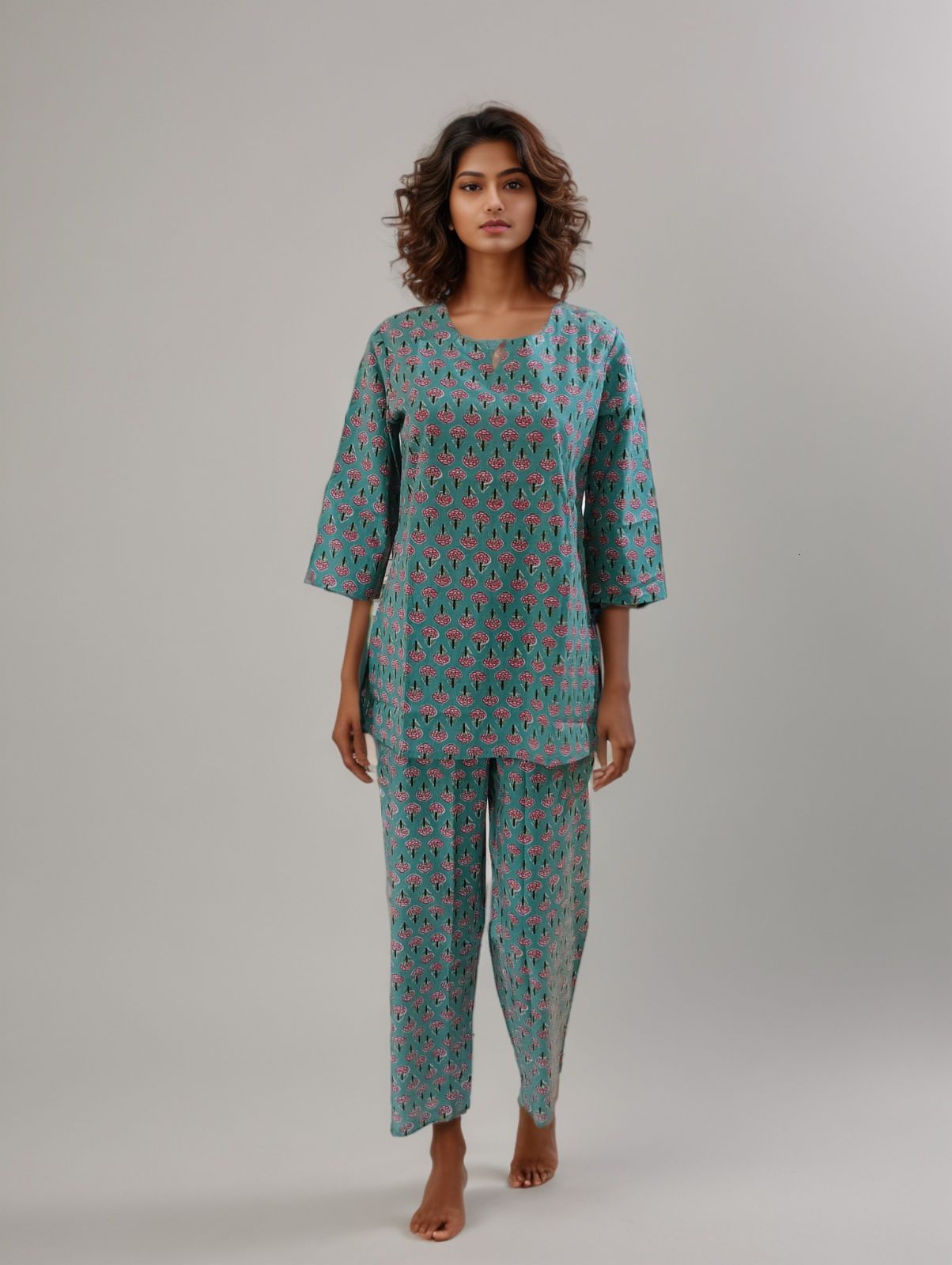 Women's Cotton Handblock Printed Night Suit Set – Teal with Pink Floral Motifs
