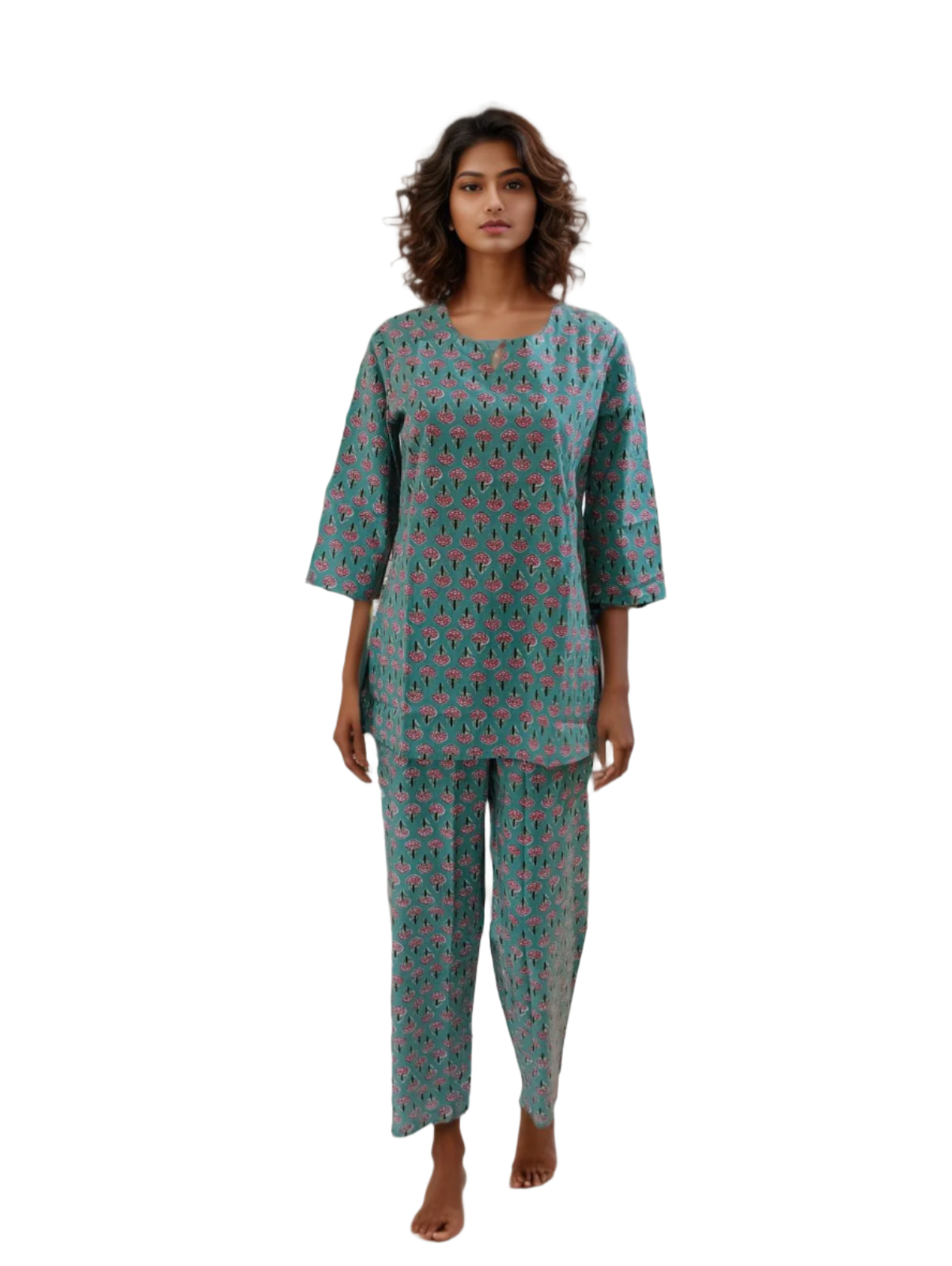 Women's Cotton Handblock Printed Night Suit Set – Teal with Pink Floral Motifs