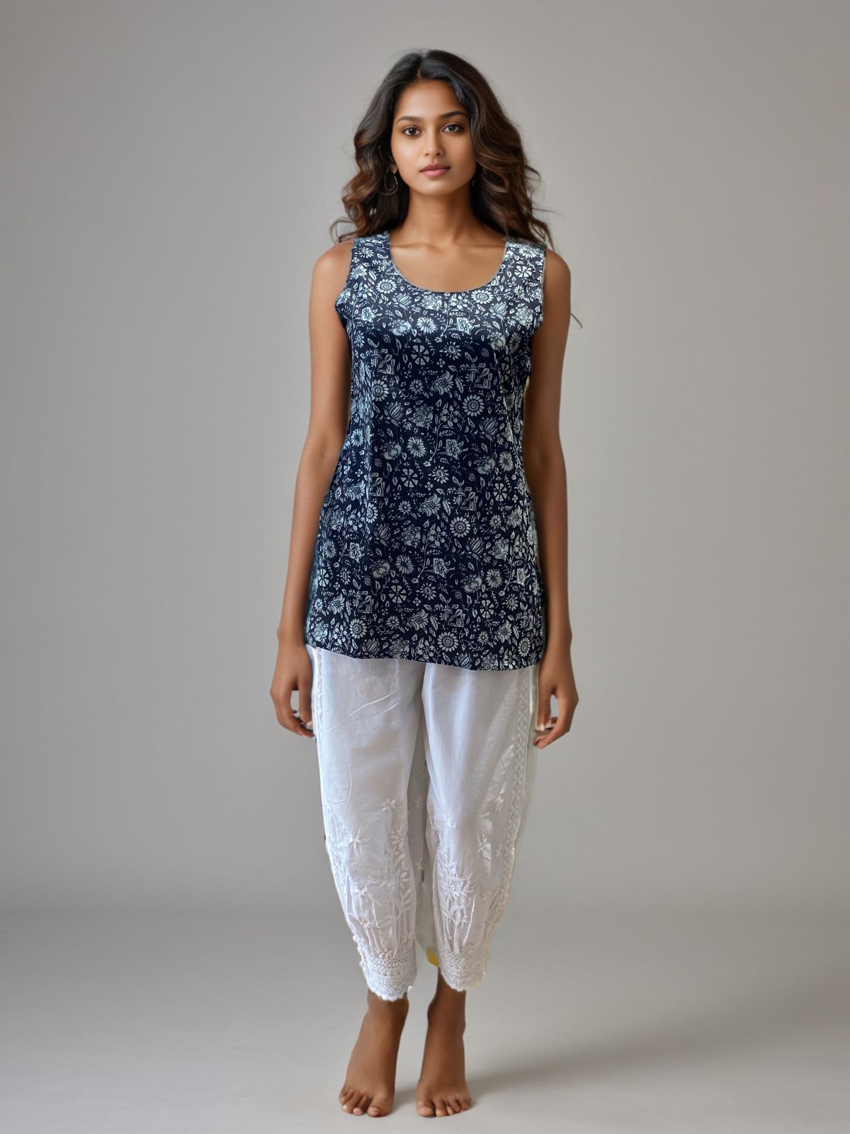 Navy Blue Sleeveless Floral Printed Cotton Kurti