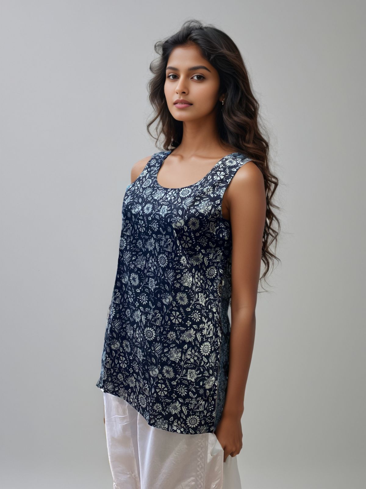 Navy Blue Sleeveless Floral Printed Cotton Kurti