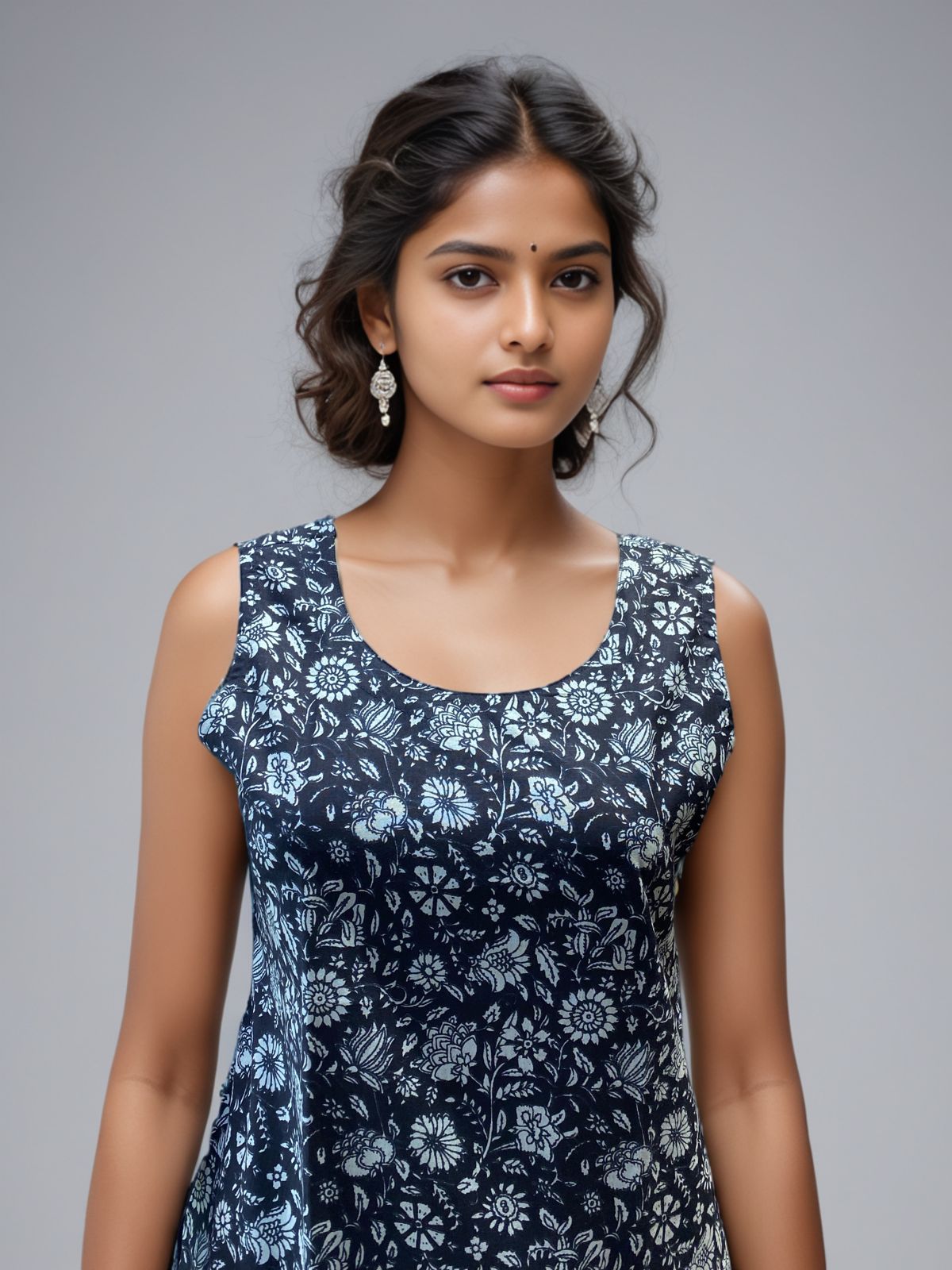 Navy Blue Sleeveless Floral Printed Cotton Kurti