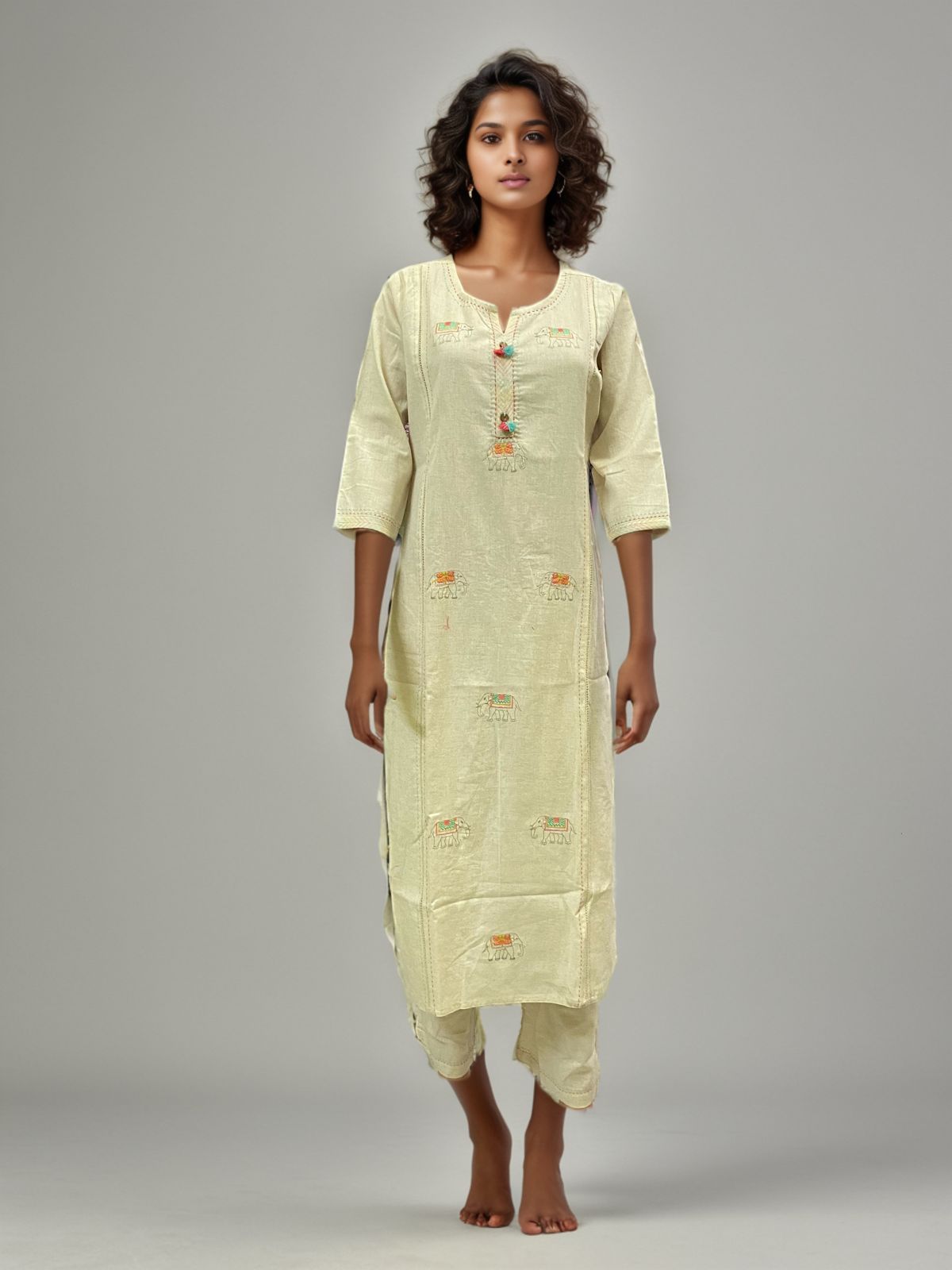 Mint Meadow 100% Cotton Embroidered Kurti Set – Subtle Elegance