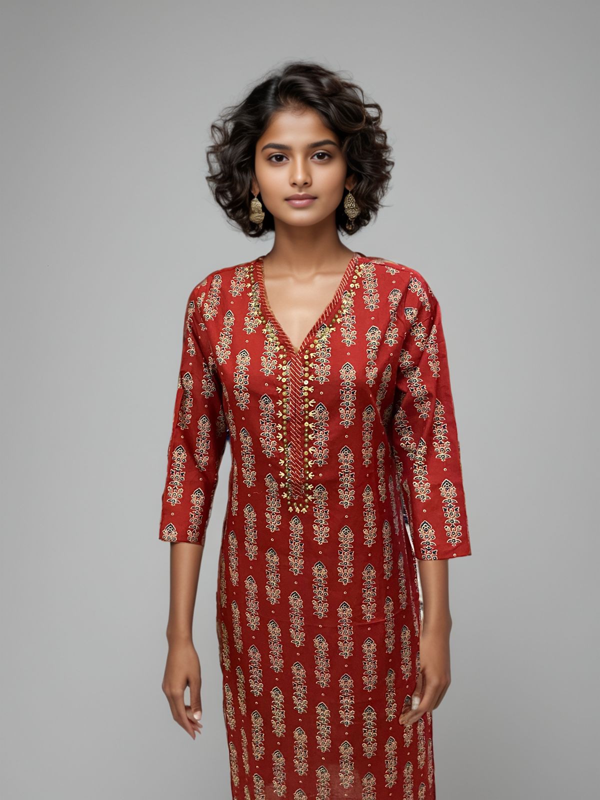 Crimson Cascade 100% Cotton Gold-Block Kurti – Festive Everyday Flair