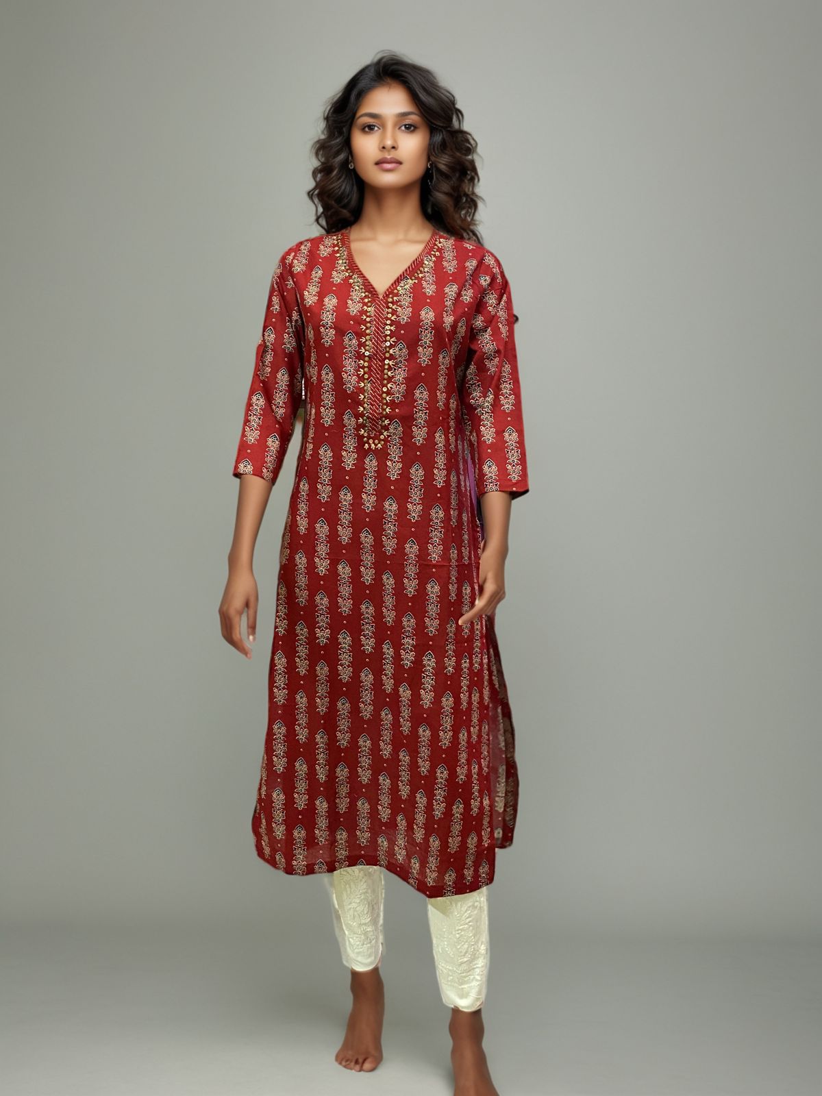 Crimson Cascade 100% Cotton Gold-Block Kurti – Festive Everyday Flair