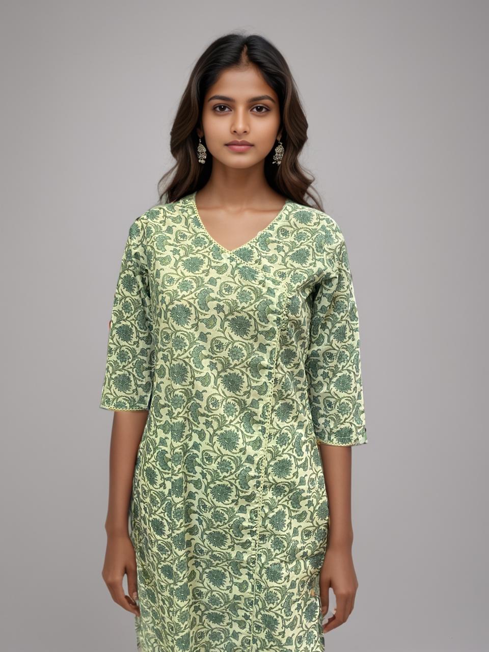 Serene Green 100% Cotton Block Print Kurti – Breathable Everyday Elegance
