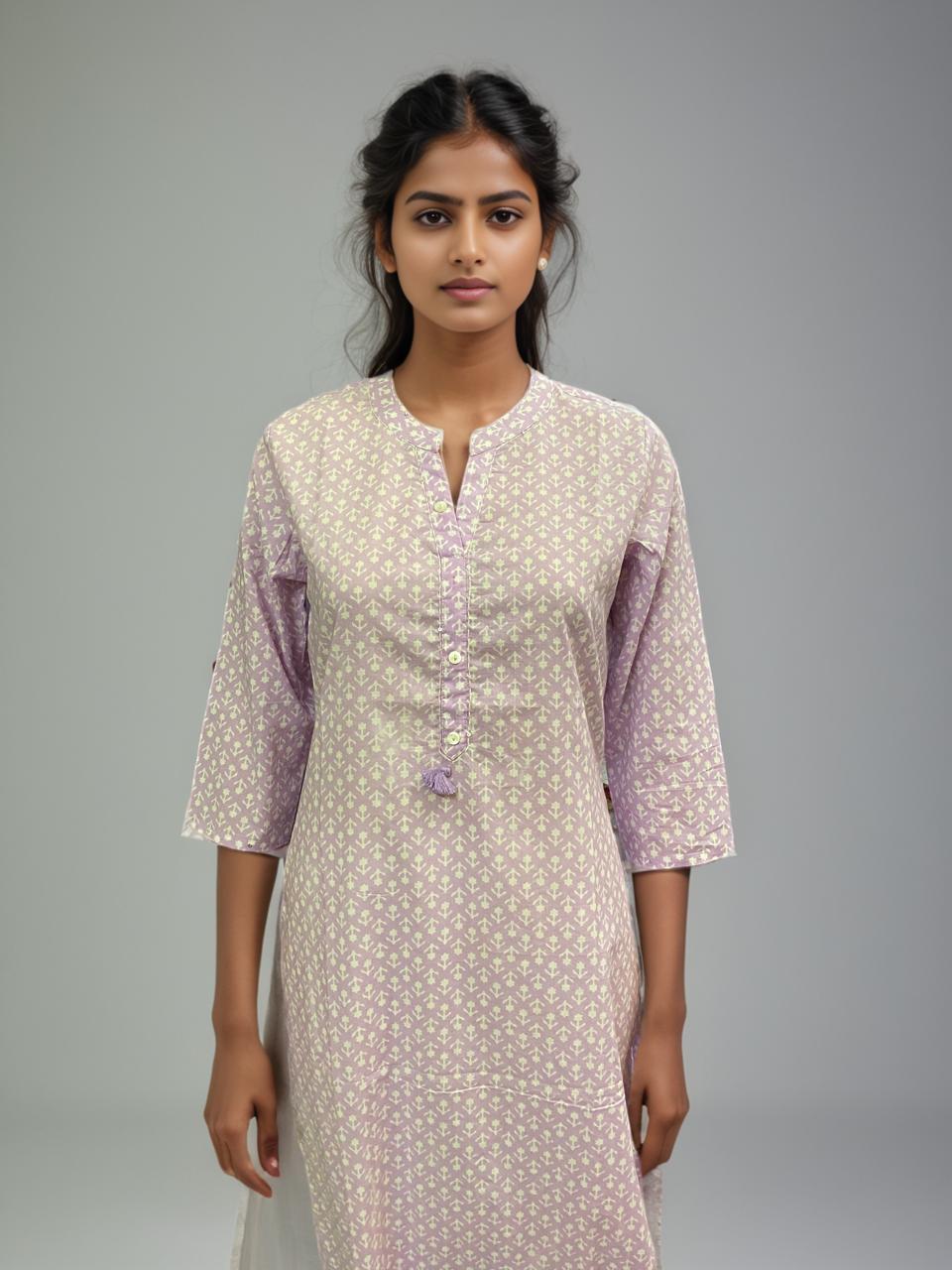 Lilac Whisper 100% Cotton Tassel Kurti – Effortless Comfort & Chic Style