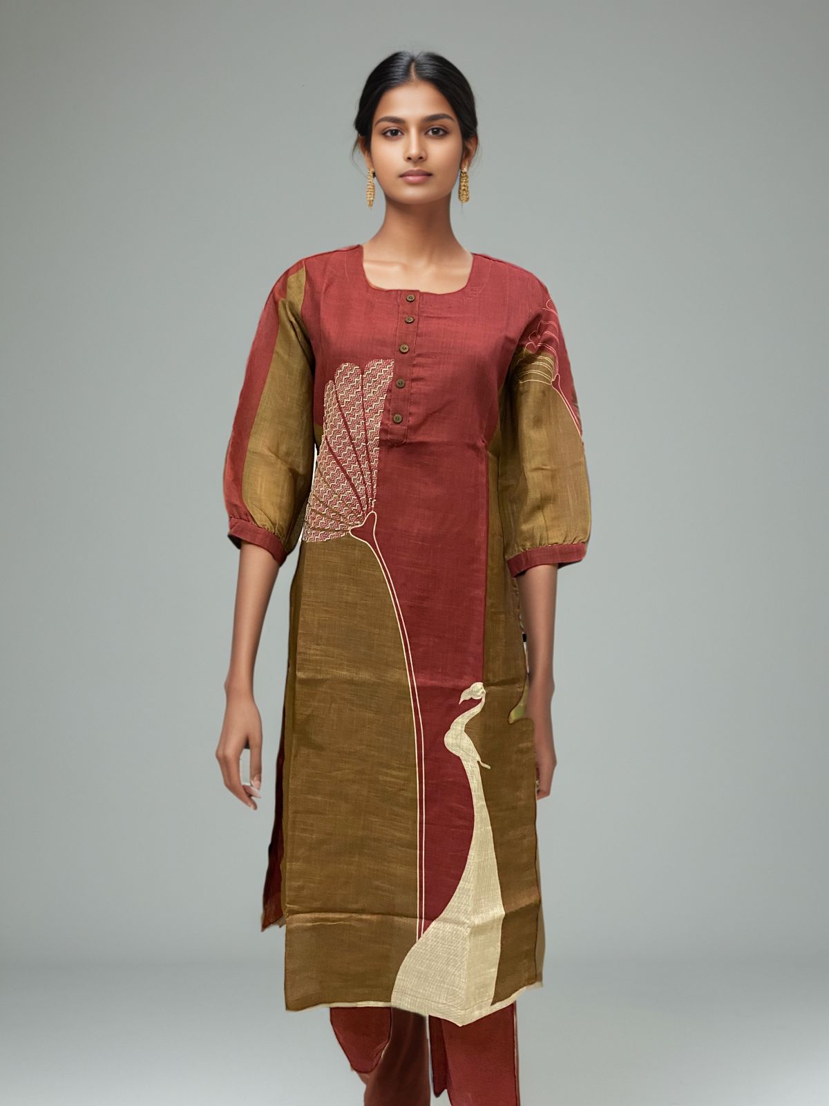 Maroon & Olive Green Handloom Kurti with Peacock Motif