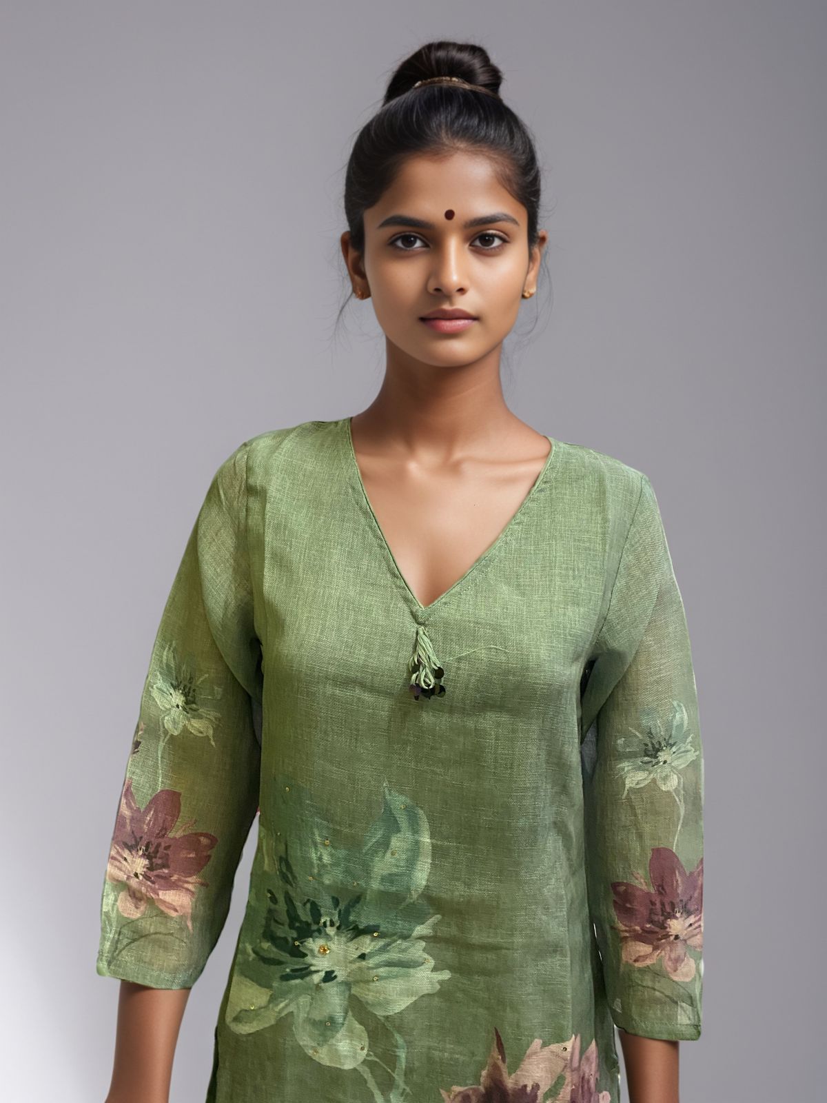 Pastel Green Hand-Painted Floral Linen Kurta Set