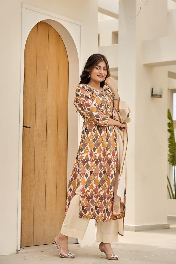 Women's Elegant Printed Cotton Kurta Set with Dupatta | 3-Piece Ethnic Suit | Festive & Office Wear