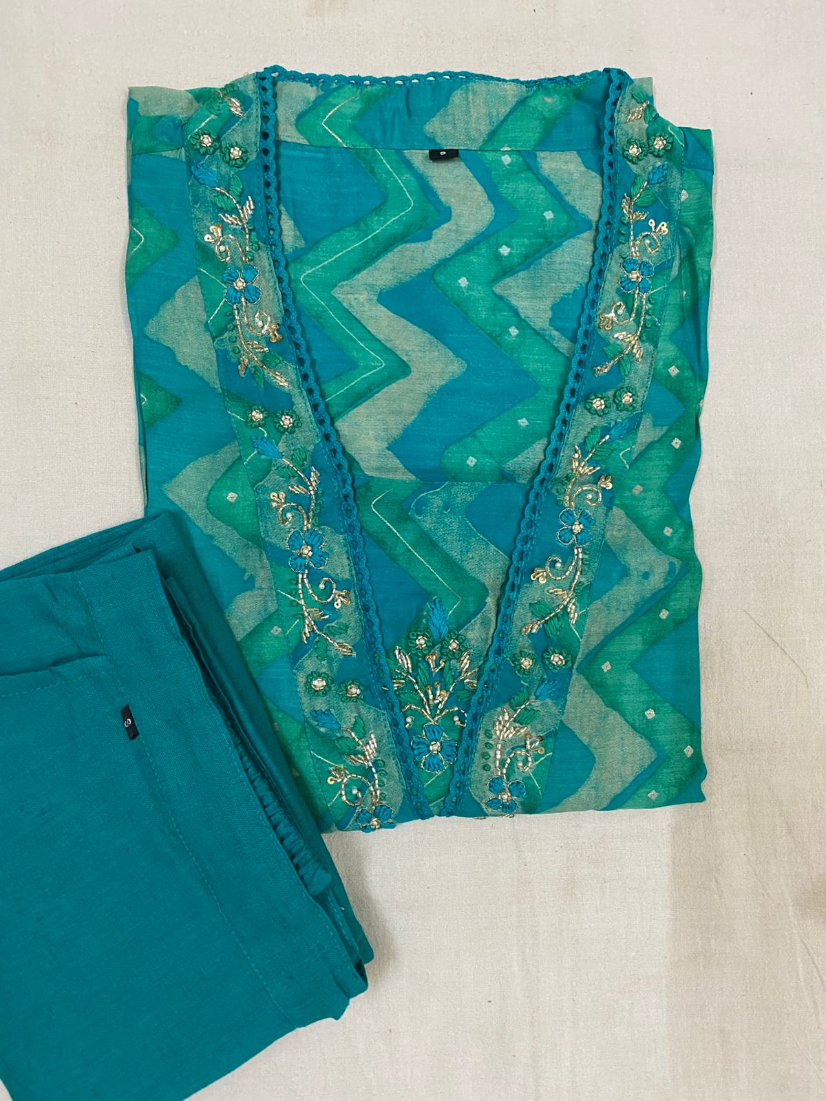 Teal Blue Zig-Zag Patterned Kurta Set with Embroidered Neckline