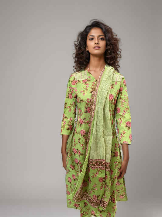 Light Green Floral Printed Cotton Kurta Set with Dupatta