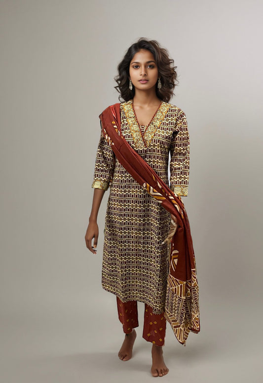 Elegant Handblock Printed Cotton Suit Set – Maroon & Mustard Hues