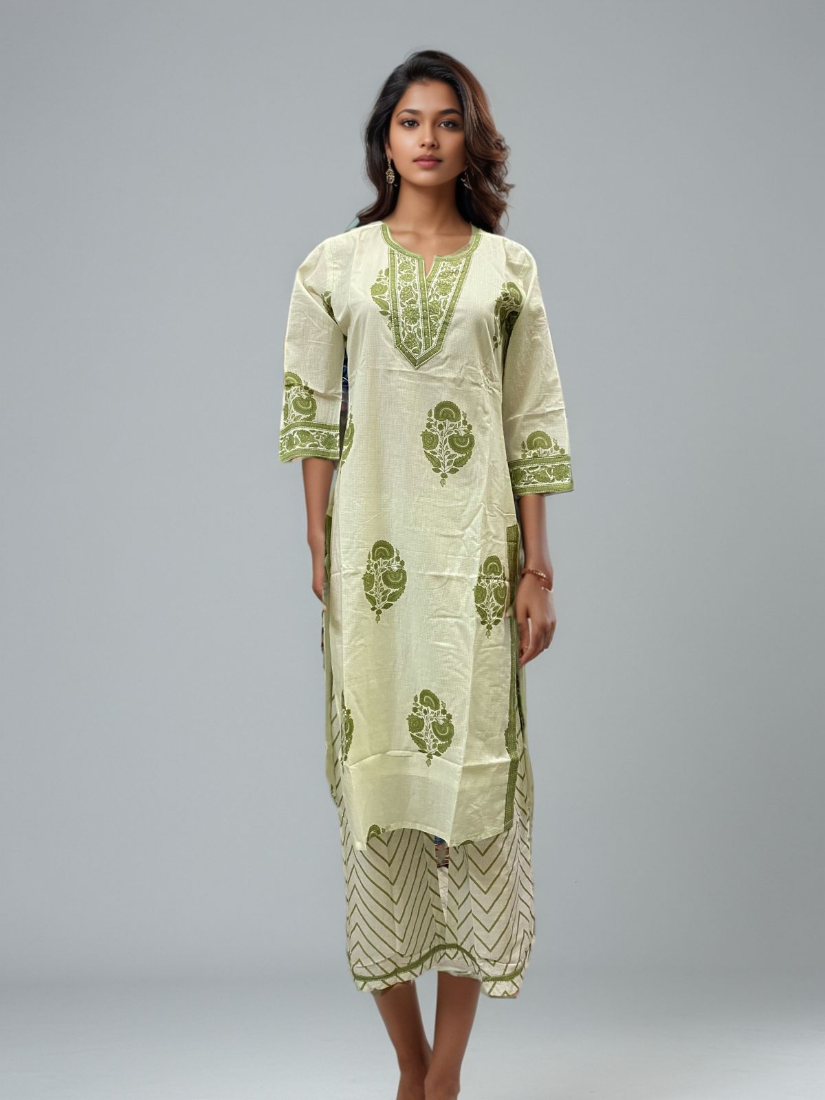 Pastel Green Handblock Printed Cotton Kurta Set with Chevron Pants
