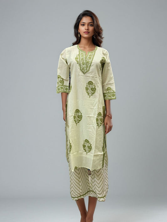 Pastel Green Handblock Printed Cotton Kurta Set with Chevron Pants