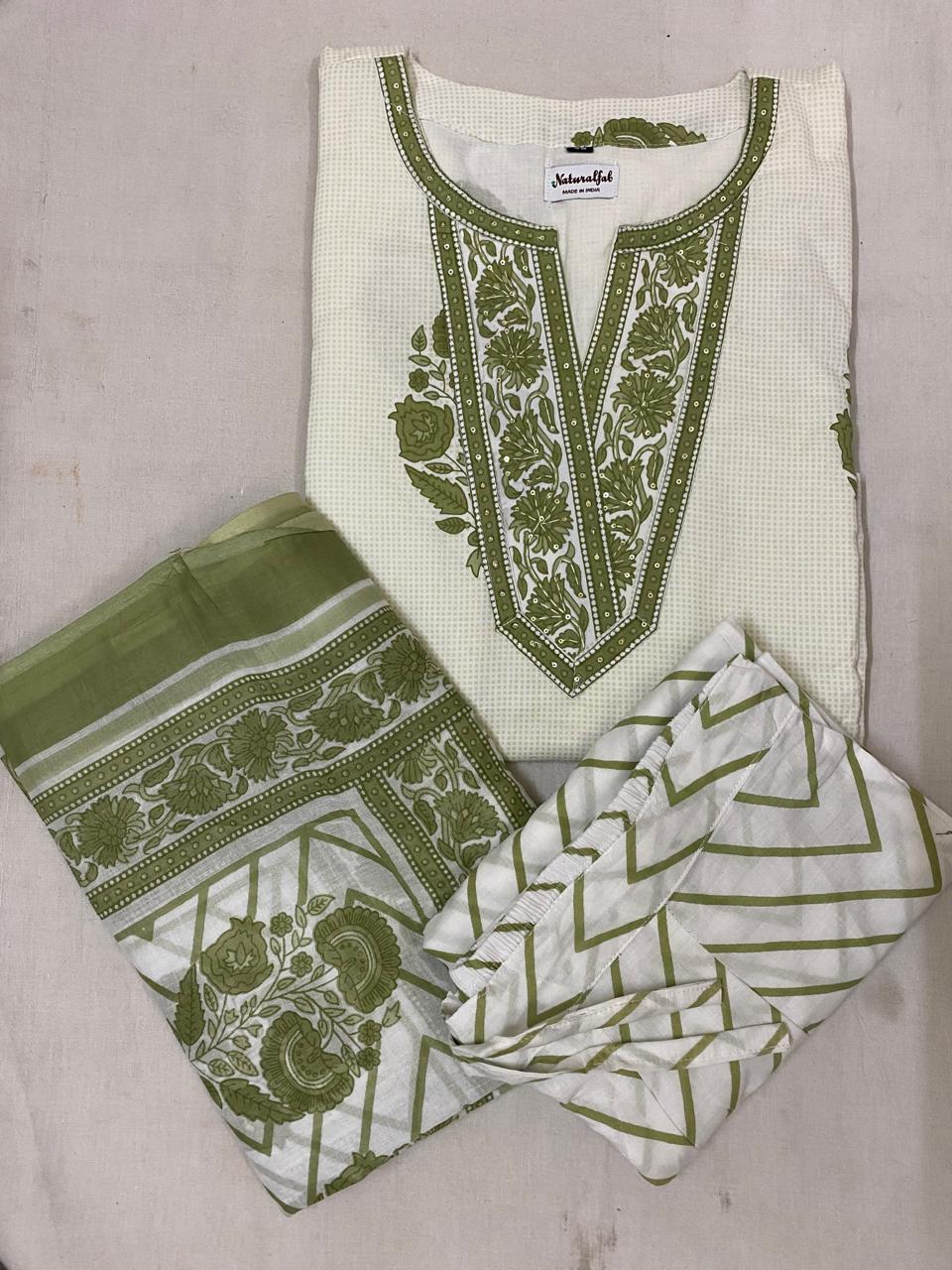 Pastel Green Handblock Printed Cotton Kurta Set with Chevron Pants