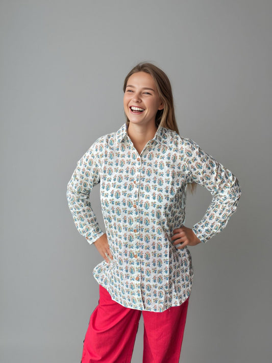 Natural Fab White Floral Block Print Cotton Shirt for Women – Ethnic Handcrafted Casual Wear