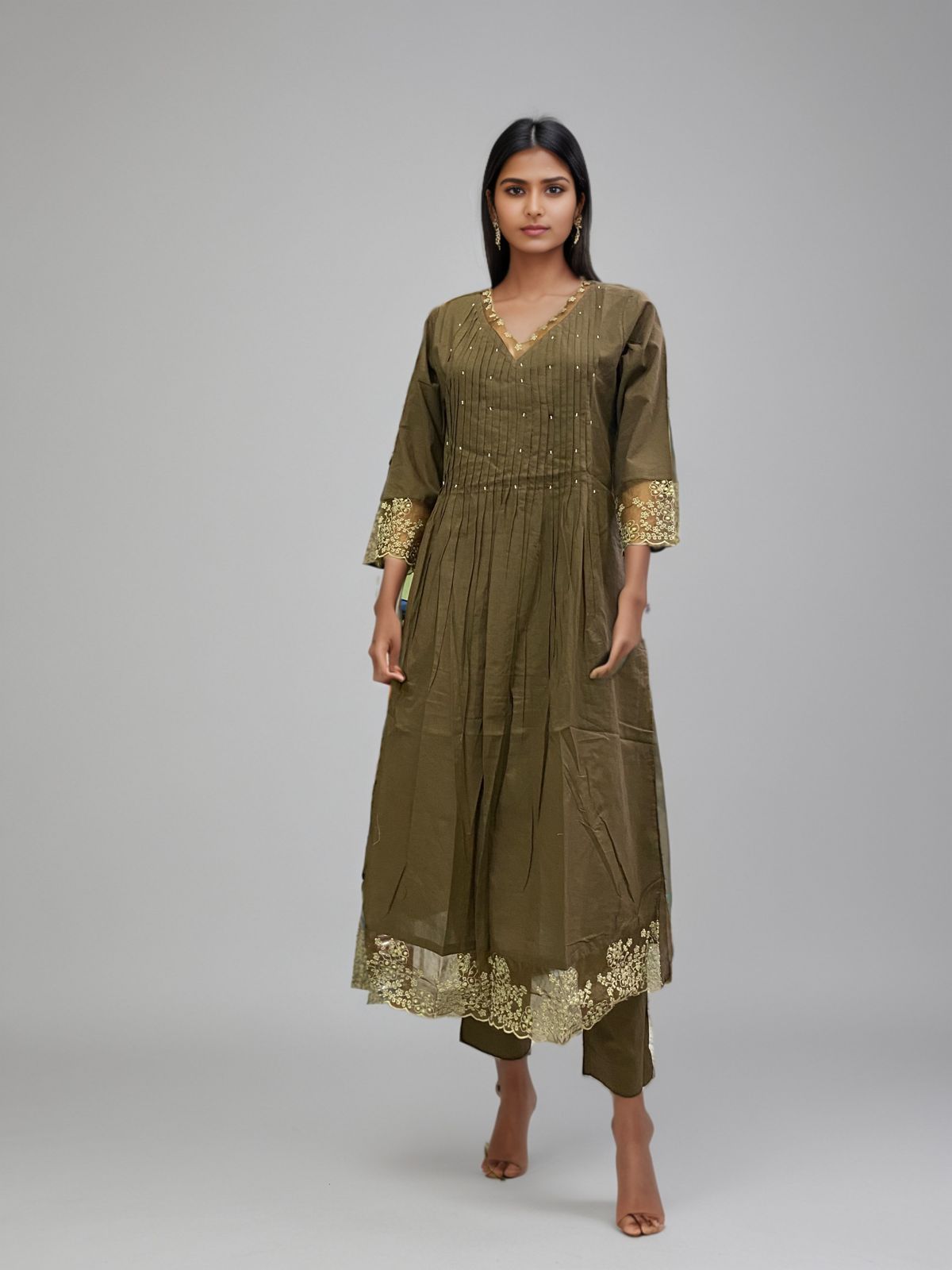 Olive Green Kurta with dupatta for Women – Embroidered Flared Kurti with Pants | Festive & Party Wear